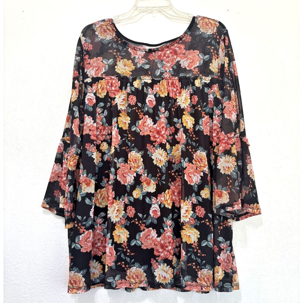 Bobbie Brooks Womens Dark Floral Bell Sleeve Top Size 3X Whimsigoth Cottagecore